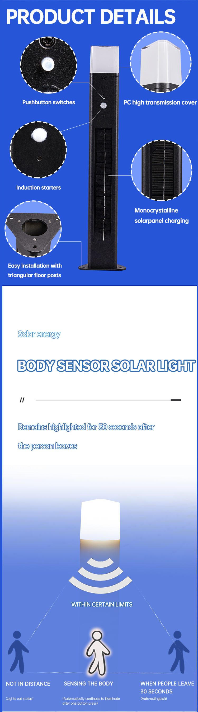 Body Induction Solar Powered Bollard Lights Cast Aluminium App Control