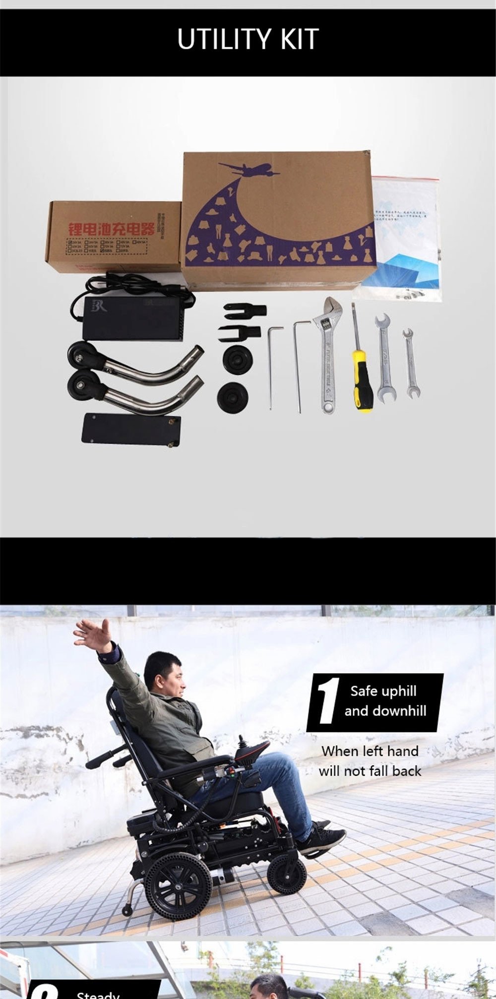Portable Medical Transport Wheelchair Lightweight Disabled Electric Stair Clibing Wheelchair