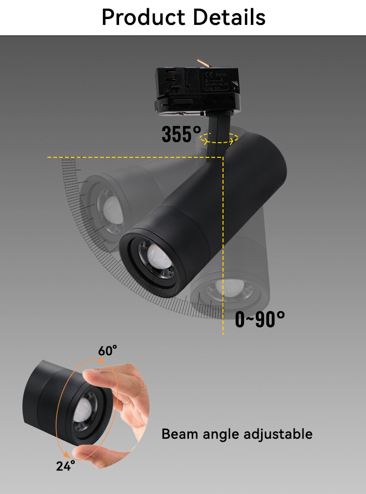 960lm-840lm Narrow Beam Spotlight Zoom Track Light Adjust Beam Angle
