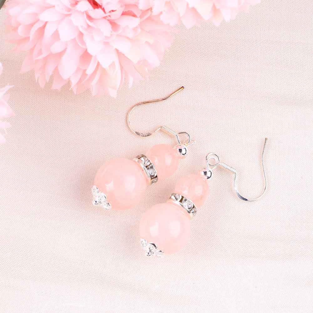 Handmade Crystal Stone Earrings Rose Quartz Gemstone Beaded Pendant Earrings