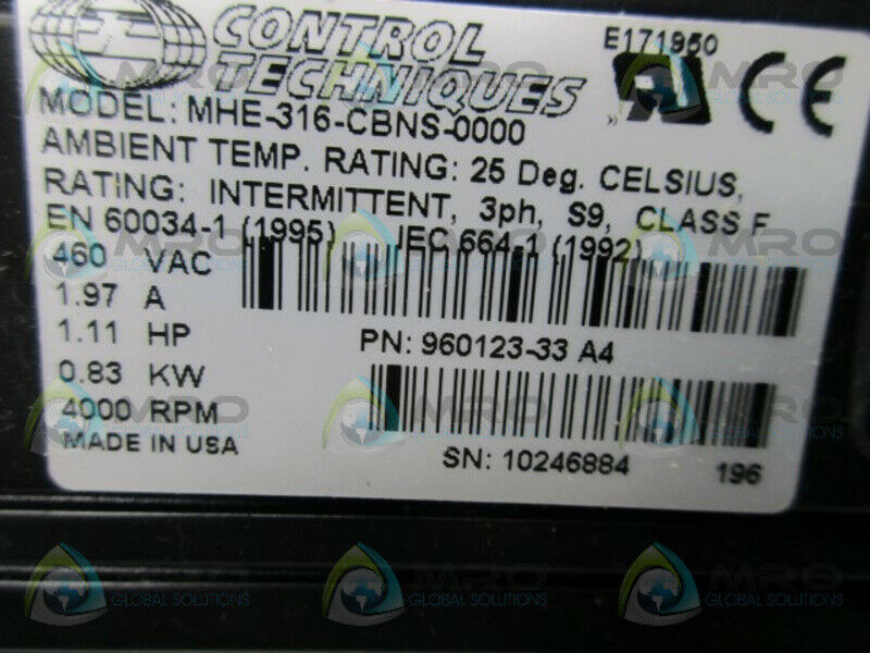 MHE-316-CBNS-0000 MH SERVO MOTOR 460VAC MS CONNECTORS 24VDC BRAKE