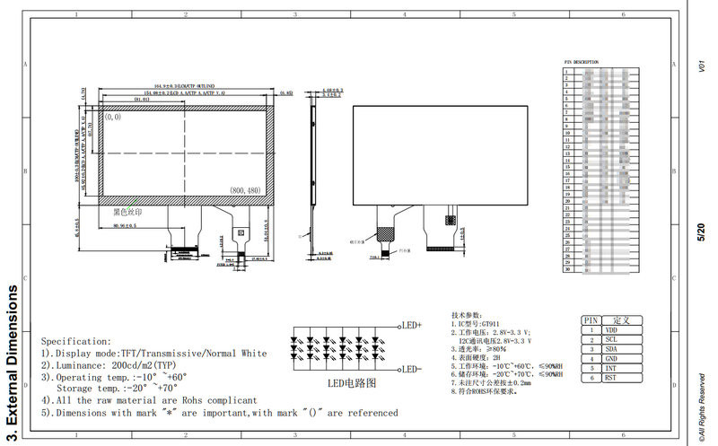 7 Inch TFT LCD Capacitive Touchscreen 24 bit Parallel RGB Interface