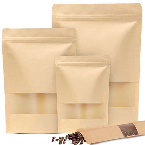 Kraft Paper Bag with Resealable Lock Seal Zipper and Stand Up Design Transparent Window