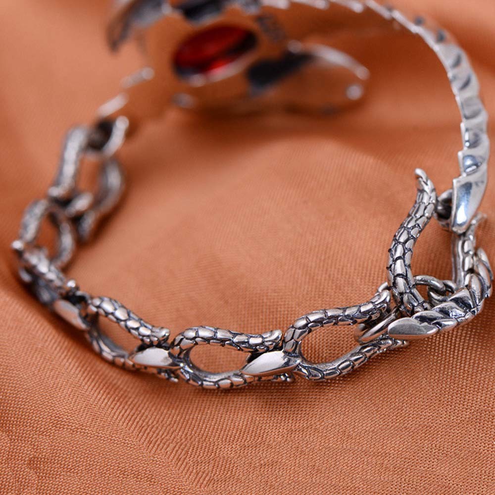 Handmade Sterling Silver Chain Link Phoenixes Synthetic Garnet Charm Women Bracelet (014902)