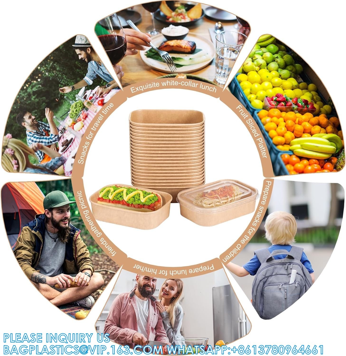 Biodegradable Rectangle Kraft Paper Bowl Recyclable Square Kraft Paper Disposable Salad Bowl