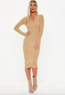 Spring Clothing Women Midi Knit Dress Long Sleeve
