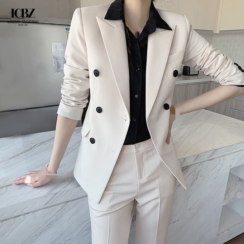 Nonwoven Women's Office White Dress Suit 2023 Top and Pants with Single Button Blazer