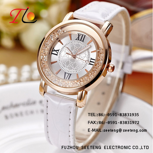 pu colorful leather band patterned dial with diamond inset fashion ladies watch