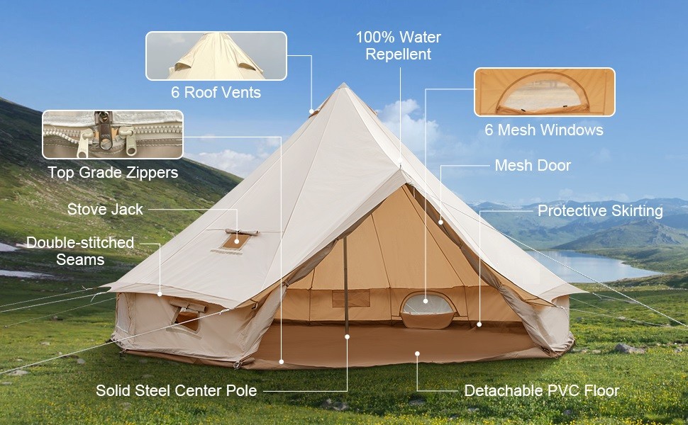 Outdoor Camping Retro Tent, Luxury Glamping Tent Waterproof Canvas Tents for Family Camping Outdoor Hunting Party