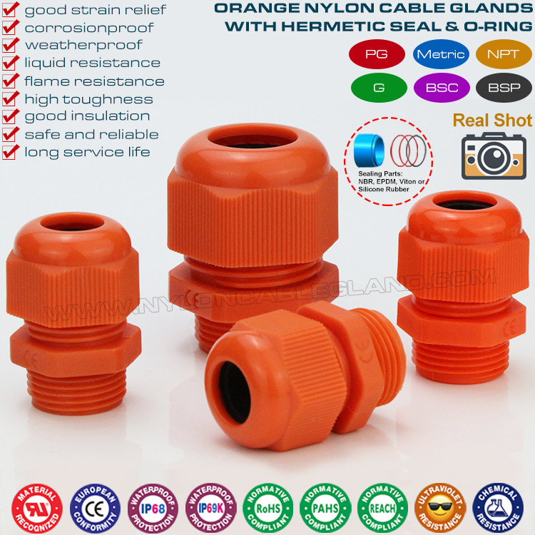 Watertight Cable Glands, Nylon 6 (UL94 V-2), IP68/IP69K, PG & Metric Thread, M12-M75 / PG7-PG48, Orange RAL 2004