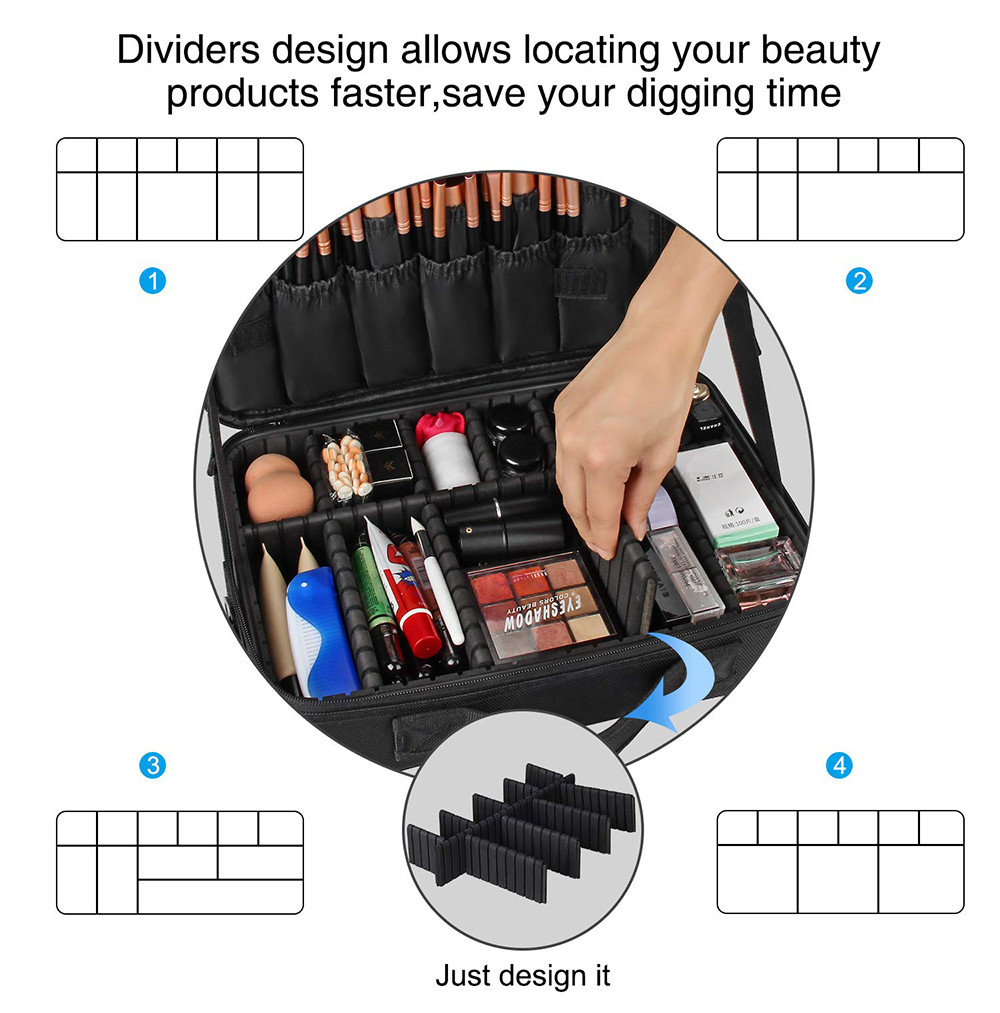 Multifunction Nylon Large Cosmetic Case With Adjustable Dividers