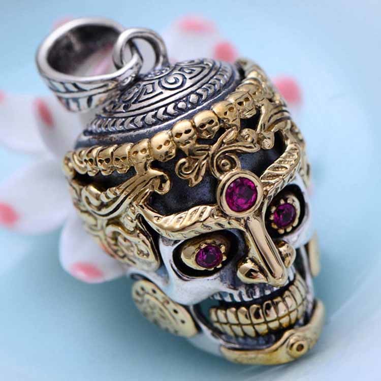 Vintage 925 Silver Golden Tone Skull Pendant Women Men Necklace (N20180406)