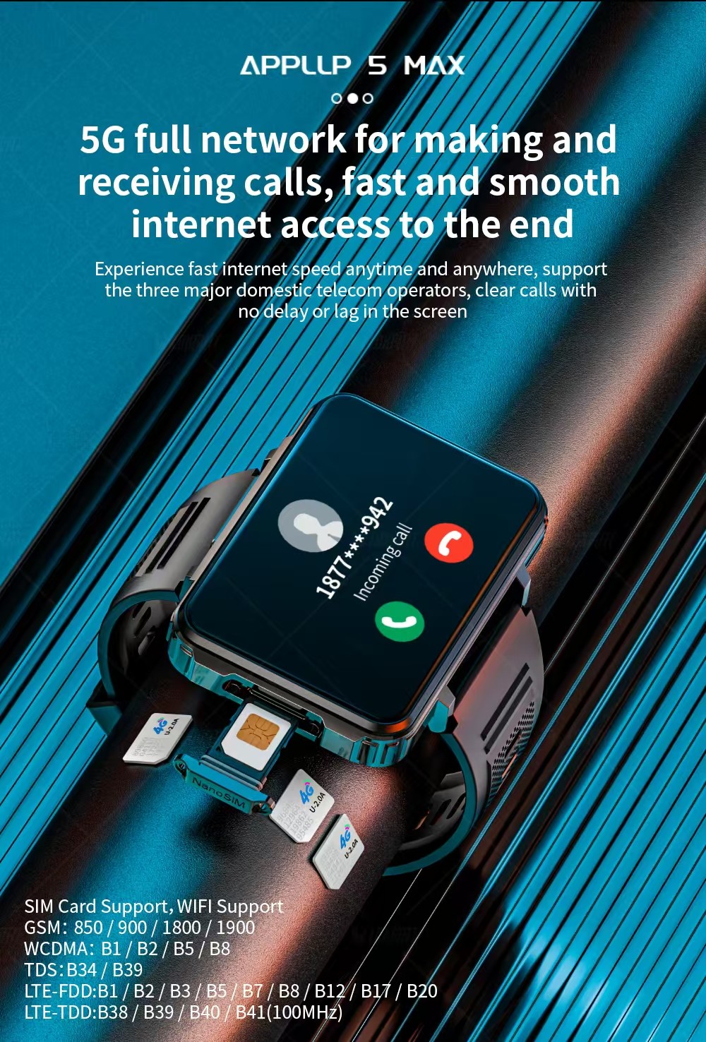 APPLP 5 MAX 4G Sim Card Android Smartwatch 4G Video Call Smart Watch 2.4 Inch