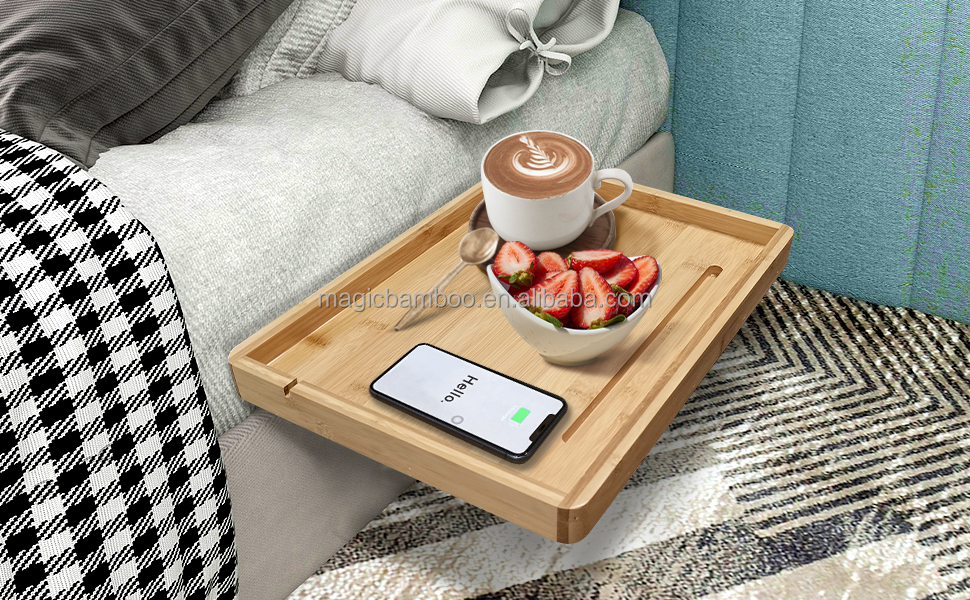 Sustainable Bamboo Bedside Shelf with Mobile Phone Tablet Holder 38x26x2.5cm Design
