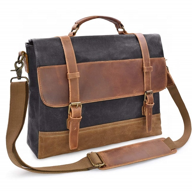 Mens Black Waxed Canvas Messenger Bag Bulk Laptop Travel For School