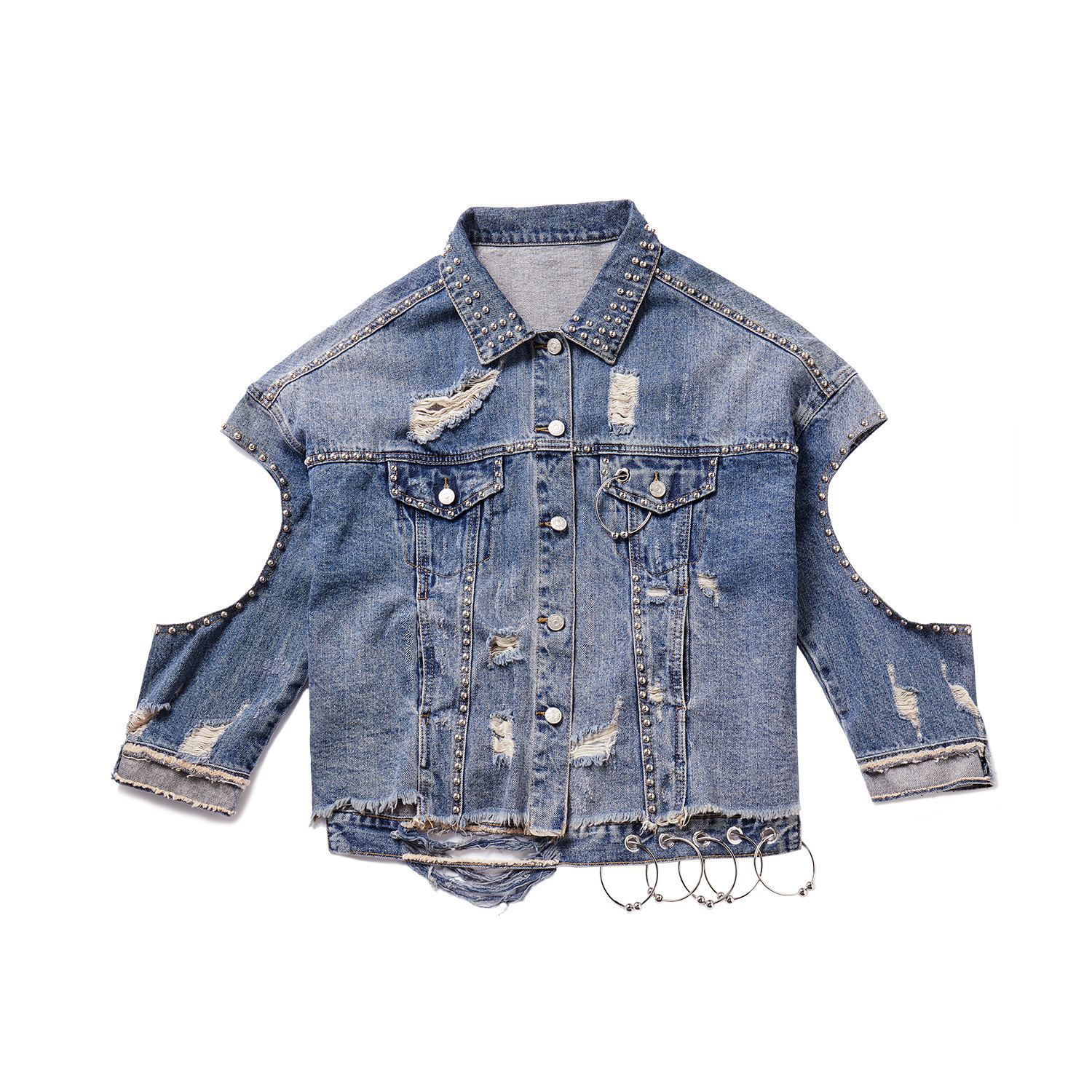 BEIANJI Irregular Ripped Denim Top Heavy Industry Nail Bead