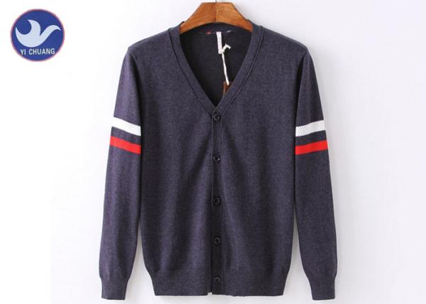 Sleeves Stripes Mens Knit Cardigan Sweater V Neck Plain Knitting Buttons Up