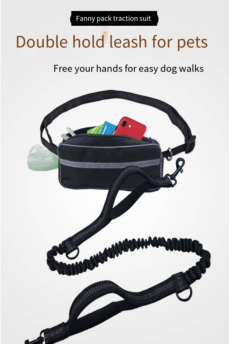 Pet Sports Running Reflective Material Leash Dog Double Handle Leash With Waist Bag Set