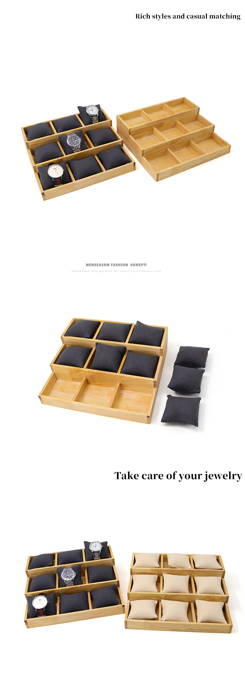 Multi Cell 3x3 Solid Wooden Watch Exhibition Plate with Pillows for Luxury Show