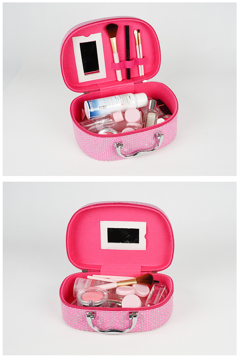 Pink PU Leather Makeup Cosmetic Case With Mirror