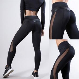 China Women Skinny Leggings Black Yoga Sport Pants Pu Leather Patchwork Lady Jogging Pants on sale