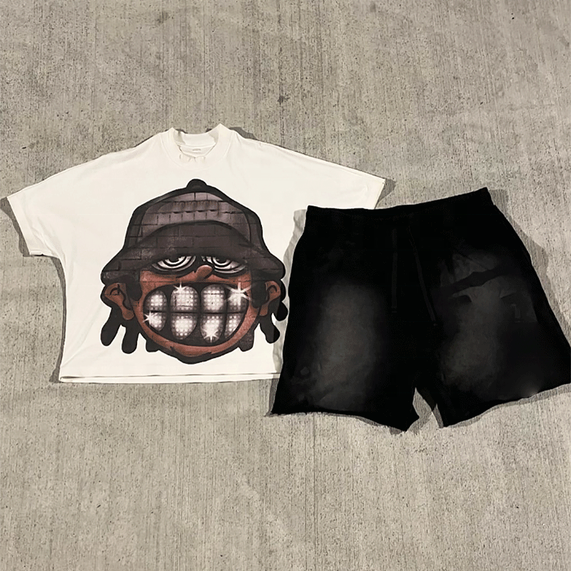 Summer Screen Print Logo Tee Acid Washed Vintage Cotton Shorts Streetwear Joggers Suits Tshirt and Shorts Set Men Custom Logo