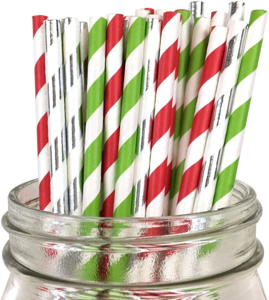 196.85mm Disposable Party Tableware Striped 10mm Christmas Paper Straws