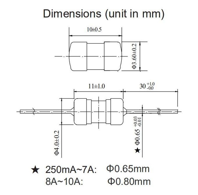 Ceramic 315mA-10A Subminiature Fuse Fast Acting Quick Blow With Legs