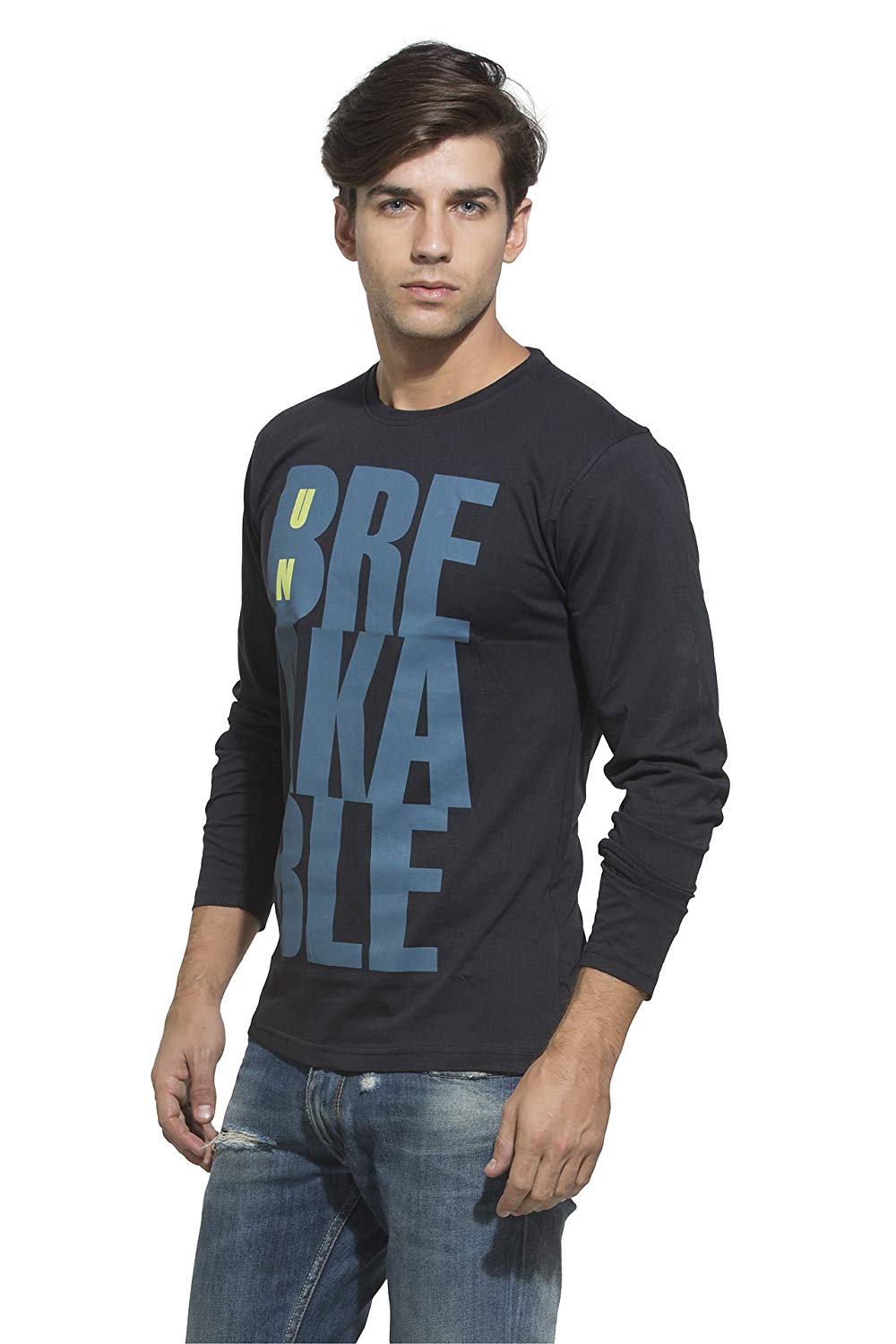 O - Neck Collar Black Long Sleeve Shirt Mens Eco Friendly With Blue Letter Pattern