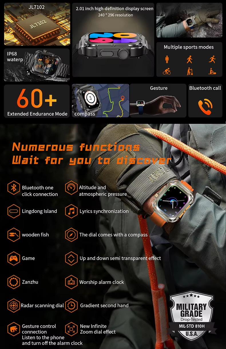 Rugged Waterproof Outdoor Smart Watch Body Temperature Compass 240x296