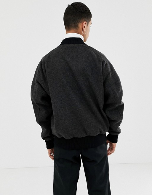 Embroidered Design Mens Black Wool Bomber Jacket With MA1 Pocket