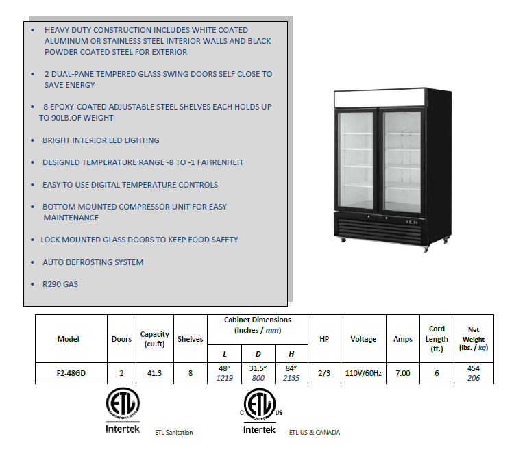 Single Temperature 7A 2 Glass Door Freezer Merchandiser 110V 60HZ