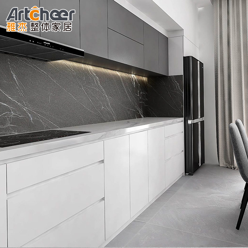 RTA Melamine Board Door Material High Gloss Kitchen Cabinet with Sintered Stone Table Top