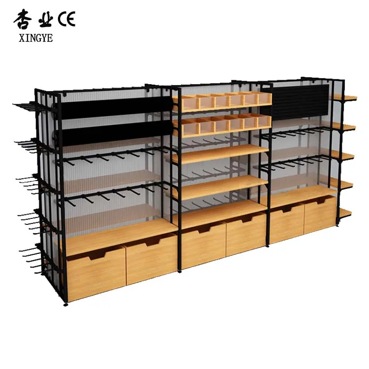 Factory Customized Color Size Combined Supermarket Shelving Supermarket Modern Display Shelf Wood Pattern Supermarket Shelves