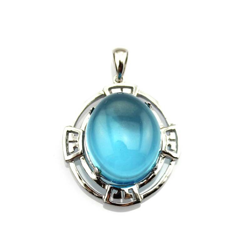 Sterling Silver Oval Dome Created Blue Topaz Cubic Zirconia Pendant Silver Chain (PSJ0359)
