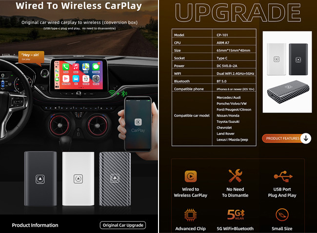 5GHz Wireless CarPlay Adapter Box USB Apple Car Play Wireless Adapter