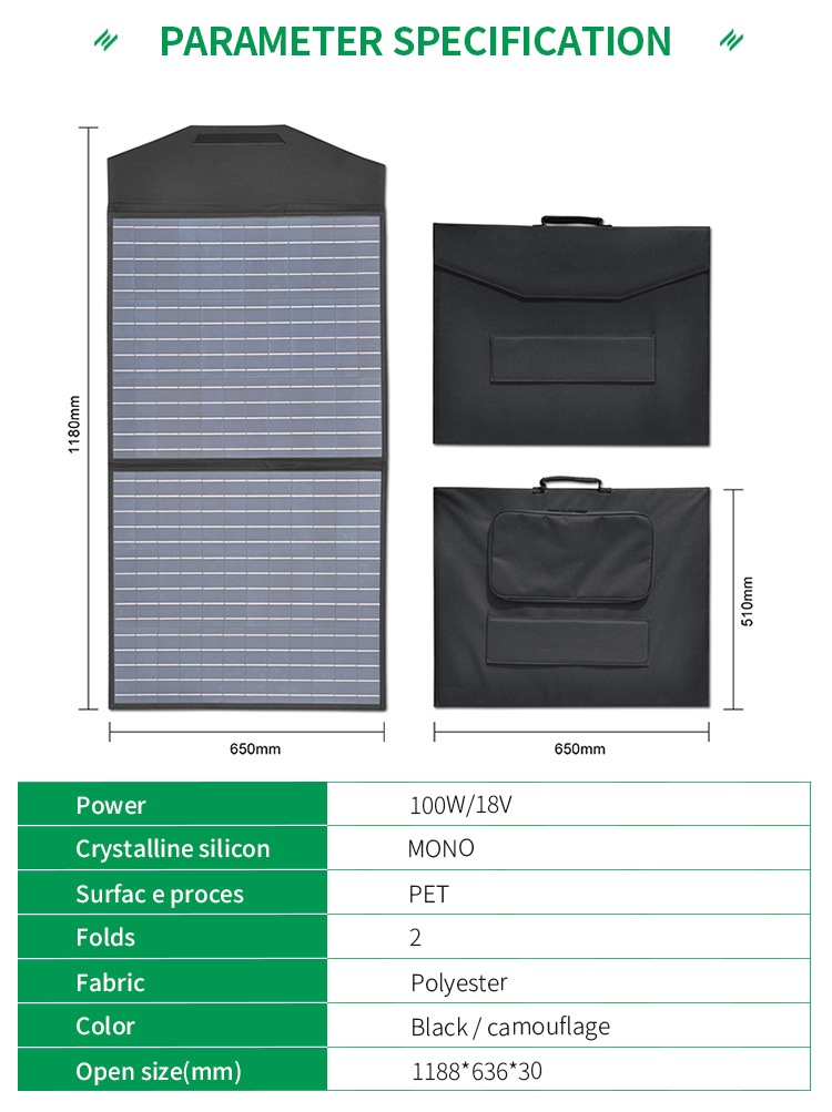 100w Portable Solar Panel Kit Outdoor Foldable Black / Camouflage