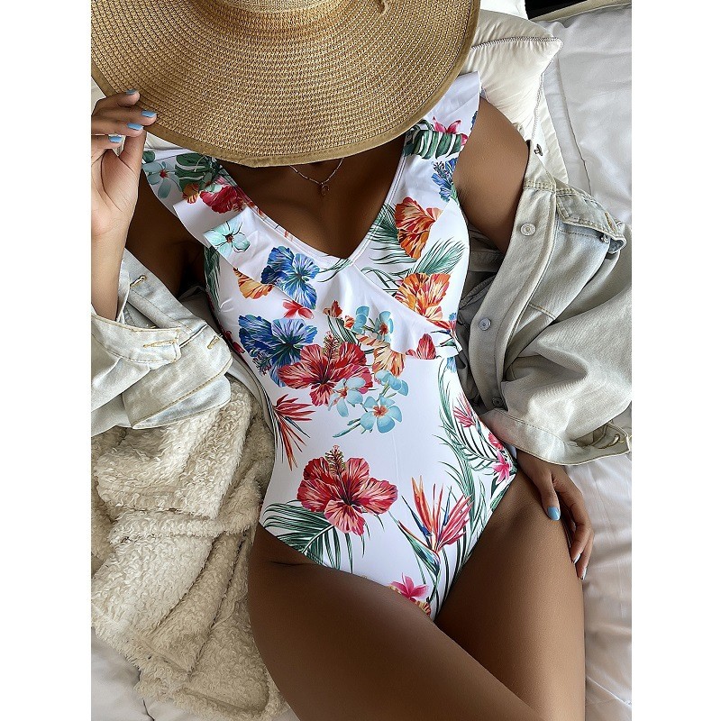 white and black flowers Ladies One-Piece SwimsuitmHigh Waist Sexy Bikini , butterfly shoulder design
