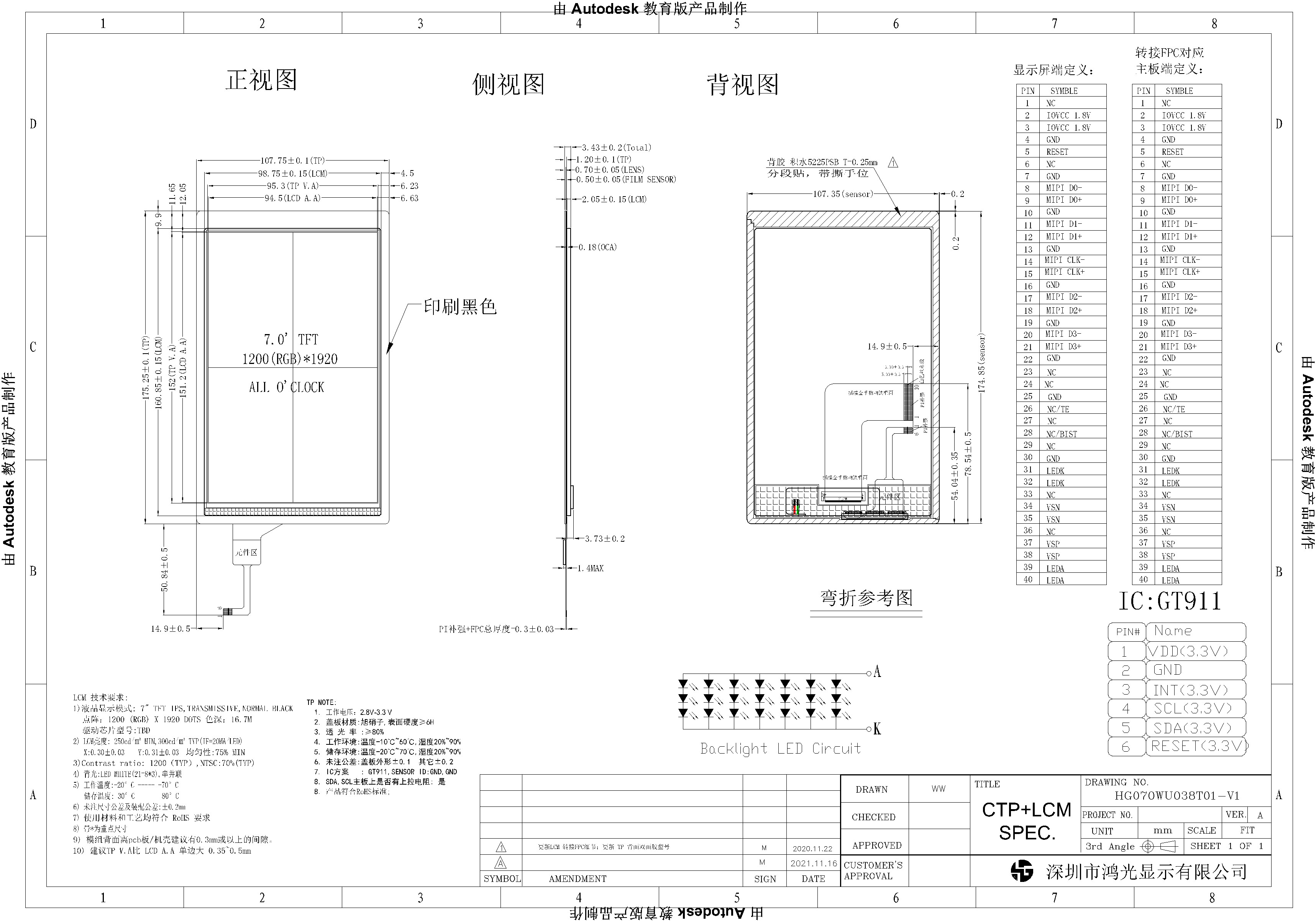 1200x1920 Full Viewing TFT Capacitive Touchscreen 7 Inch MIP 4 Channel Interface