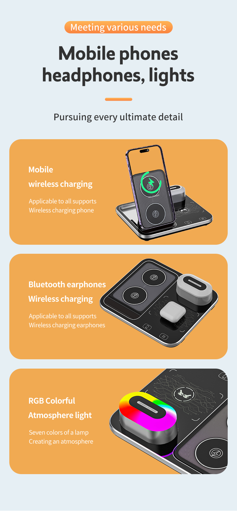 OEM 15W 10W Fast Qi LED Light 3 In 1 Wireless Charging Station For Mobile Phone Tablet