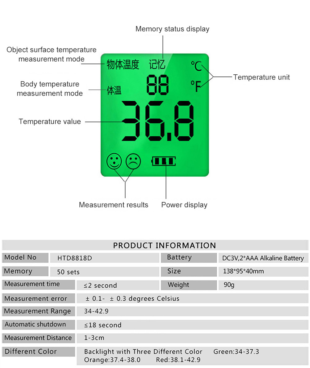Plastic Digital Infrared Forehead Thermometer , Non Contact Infrared Thermometer For Body Temperature