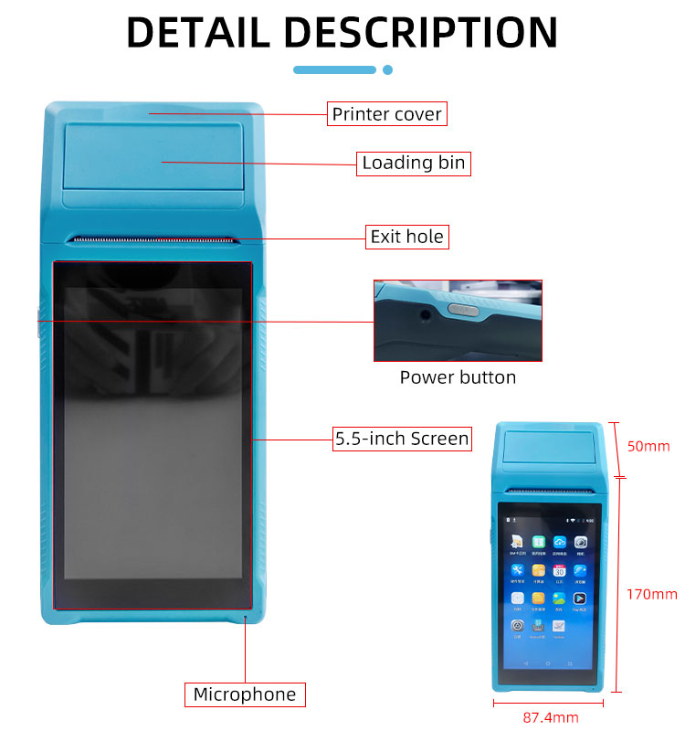 Mini Printer Pda Q2 Fingerprint Barcode Scanner with 2000mAh 7.4V Rechargeable Battery