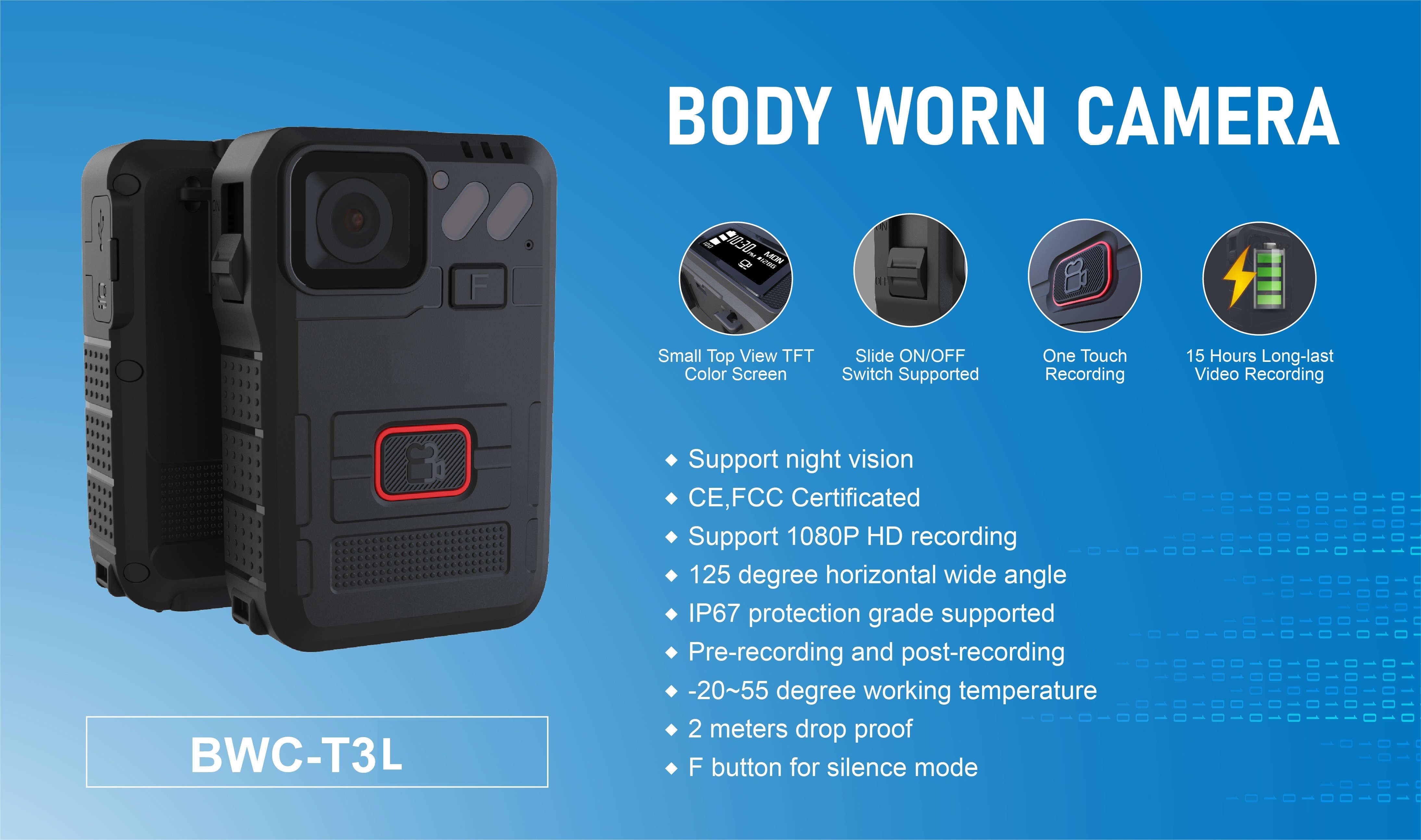 1296P Infrared 10M Body Worn Video Camera IP67 personal body cam