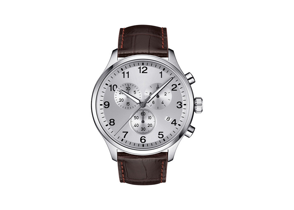 Printed Black Dial Chronograph Watch 2pcs Stainless Steel Button Brown / Black Leather Strap