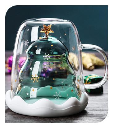 Christmas Tree Double Wall Glass Mug Cute Creative For Festival Gift OEM ODM