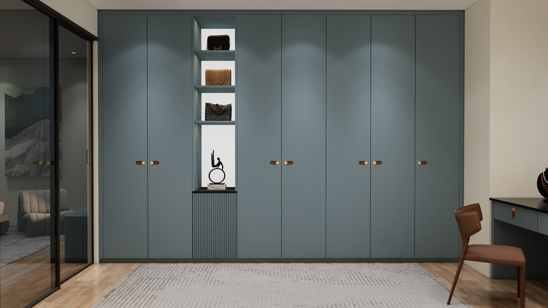 Blue Grey Custom Walk In Closet With Multi Drawer Island And Black Mirrored Vanity