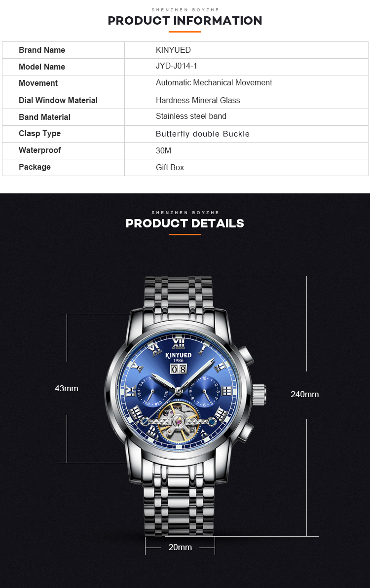 Wind Up Waterproof Mechanical Watch Elegant Appearance Blue Dial
