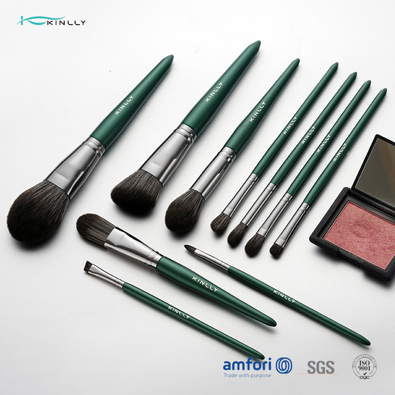 Green Wooden Handle 10piece Cosmetic Makeup Brush Set With Synthetic Hair