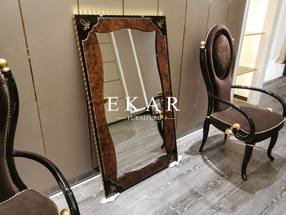 Rectangle Solid Wooden Frame Veneer And Shell Classic Vintage Decorative Wall Antique Mirror