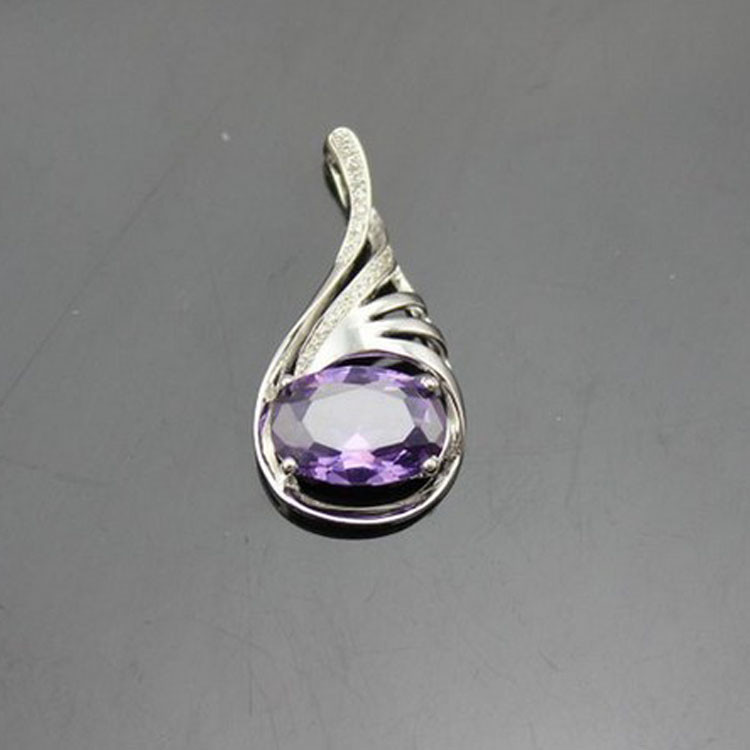 Women Silver Jewelry Oval 9mmx13mm Amethyst Cubic Zircon Pendant(P41)